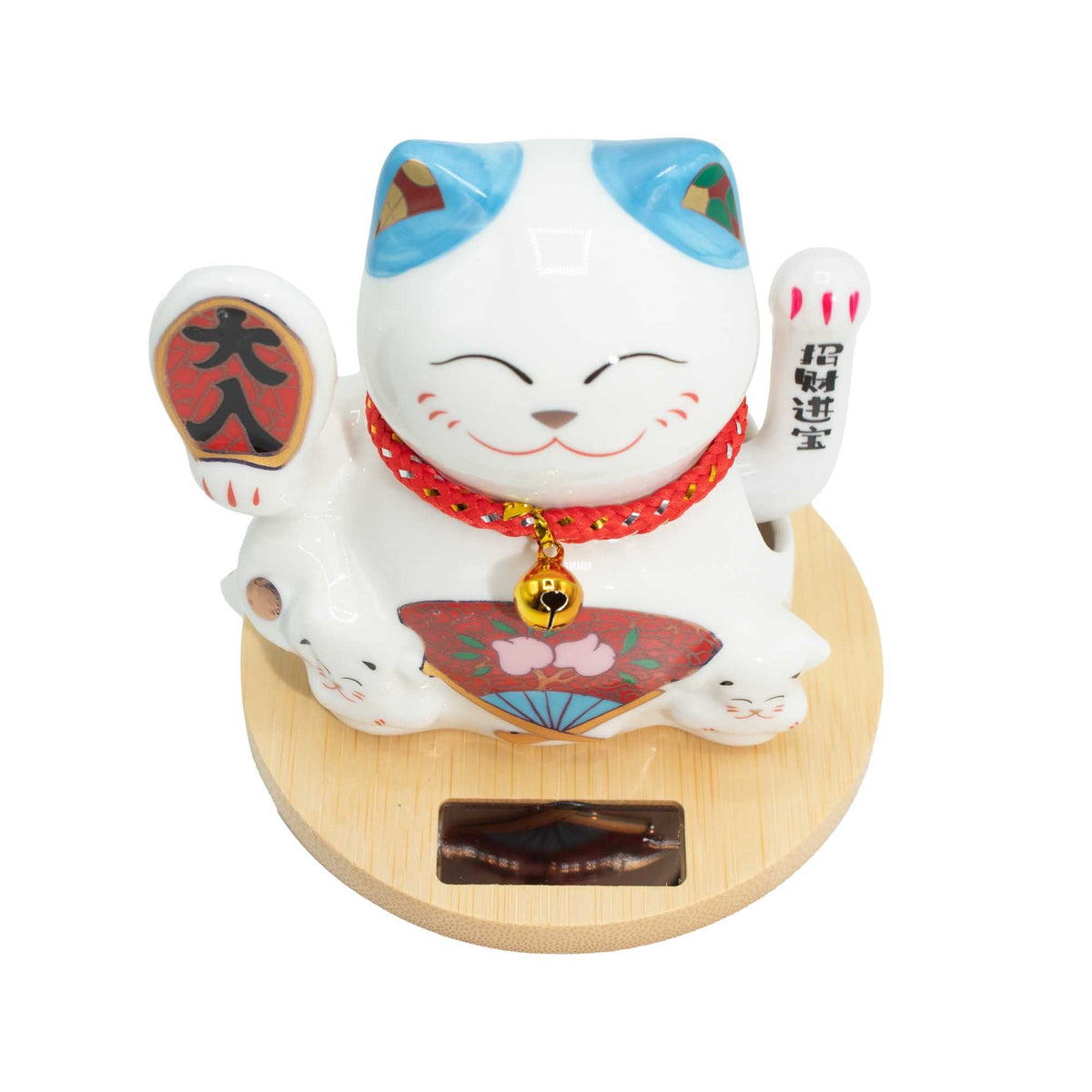 Chat porte-bonheur solaire avec socle en bois - Main bleue mobile