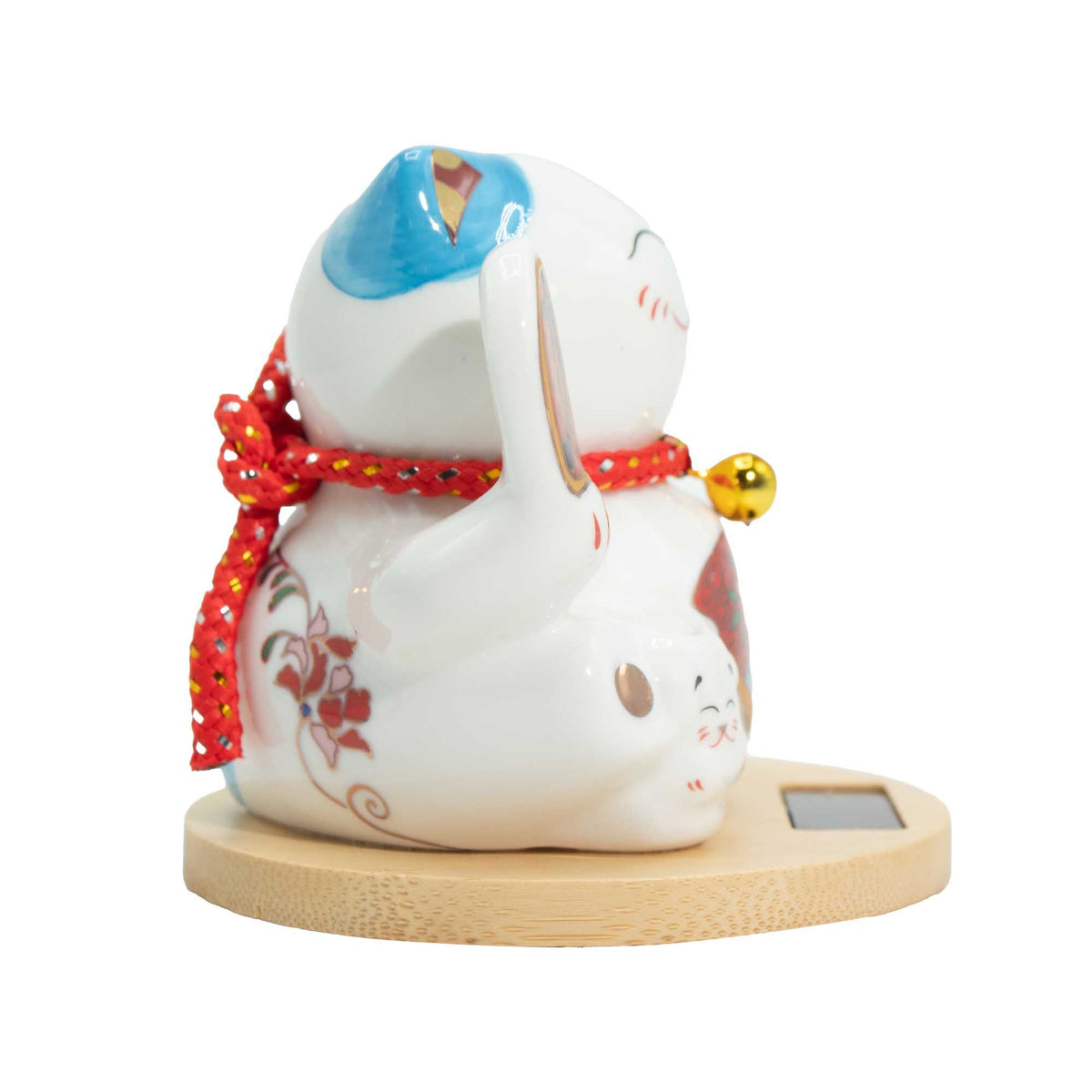 Chat porte-bonheur solaire avec socle en bois - Main bleue mobile