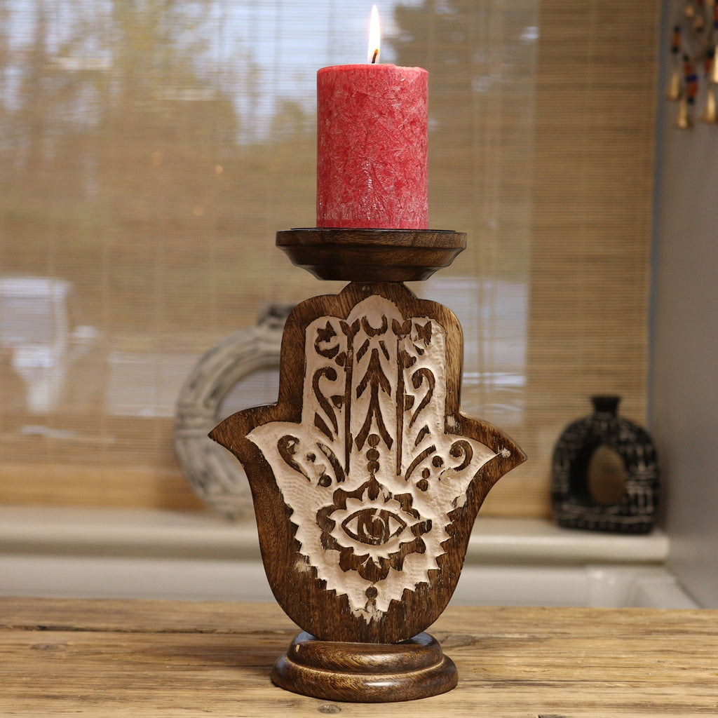Bougeoir en bois de manguier - Hamsa - Petit modèle 18 x 11 cm