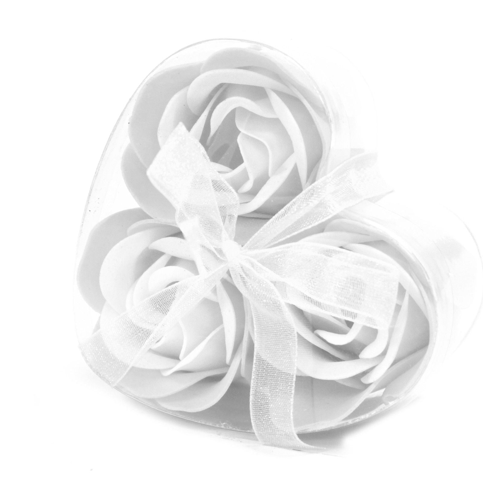 Ensemble de 3 fleurs en savon dans une boîte en forme de cœur - roses blanches