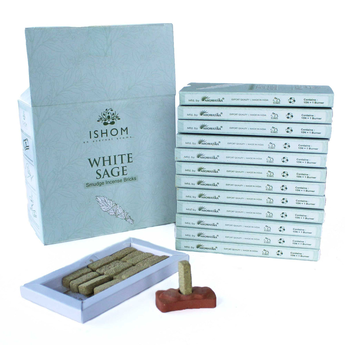 Lot de 15 briquettes d'encens naturel et brûleur - Sauge blanche