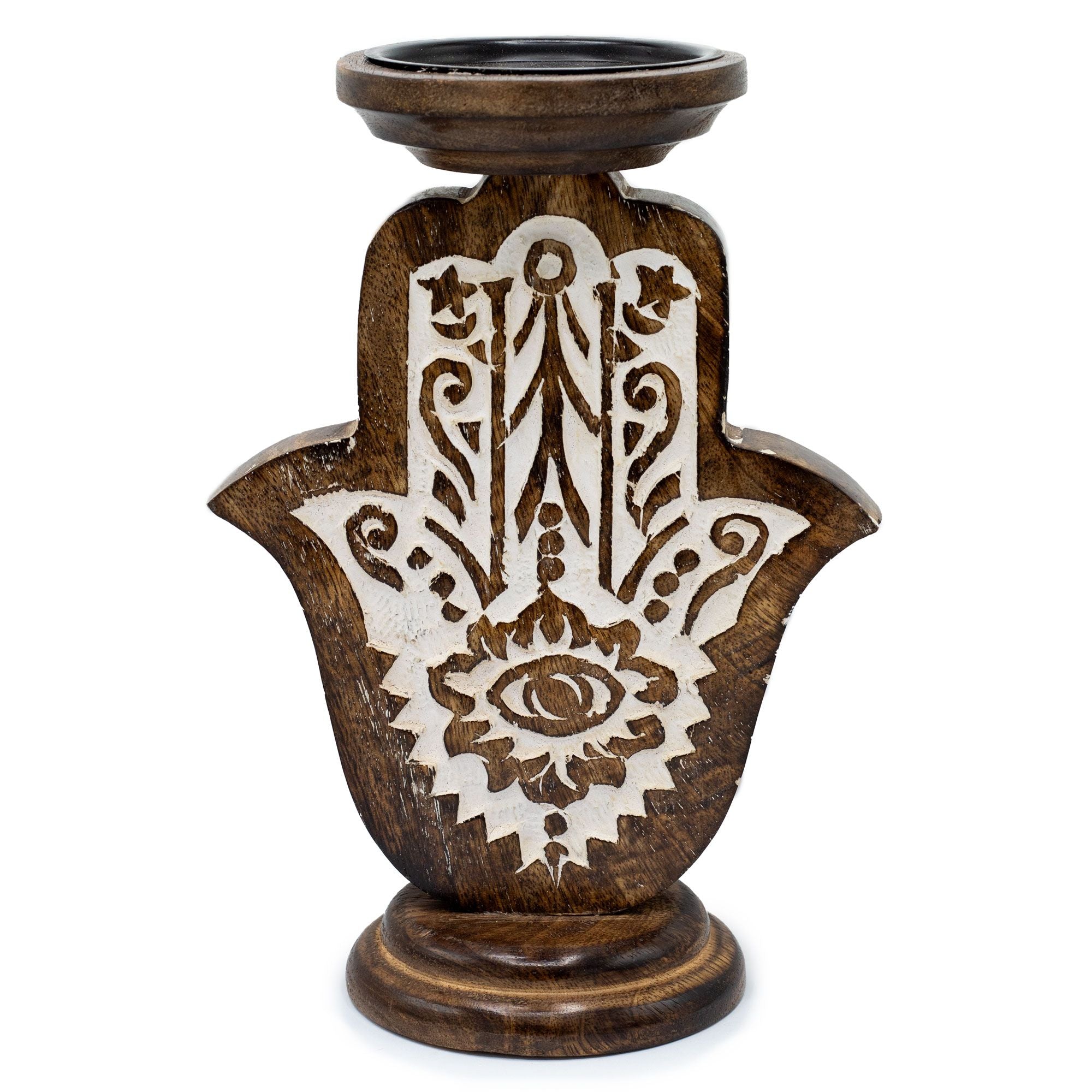 Bougeoir en bois de manguier - Hamsa - Grand modèle 25 x 18 cm