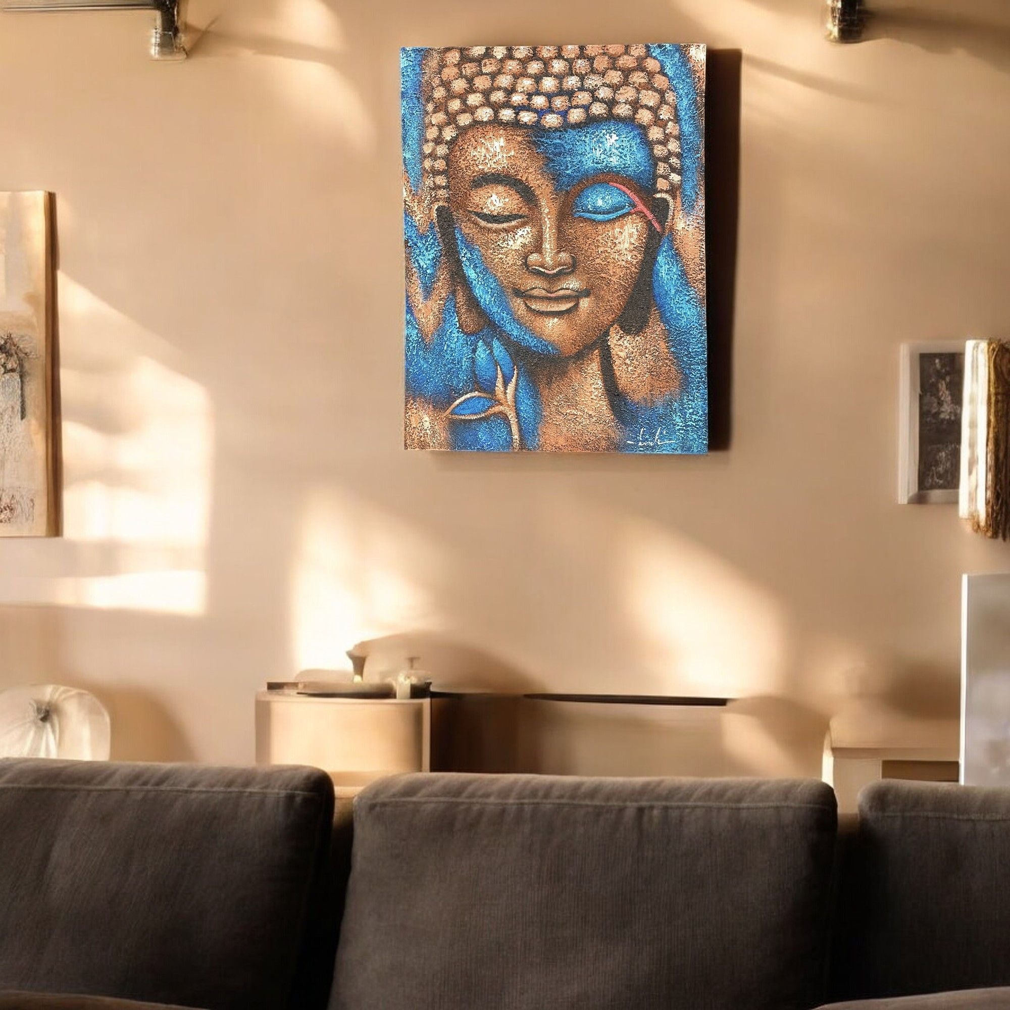 Peinture de Bouddha - Bronze et fleur bleue